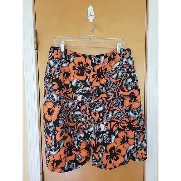 Point Zero Y2K Skull Board Shorts Men's Size M Floral Hibiscus Vintage Trunks - Picture 3 of 5